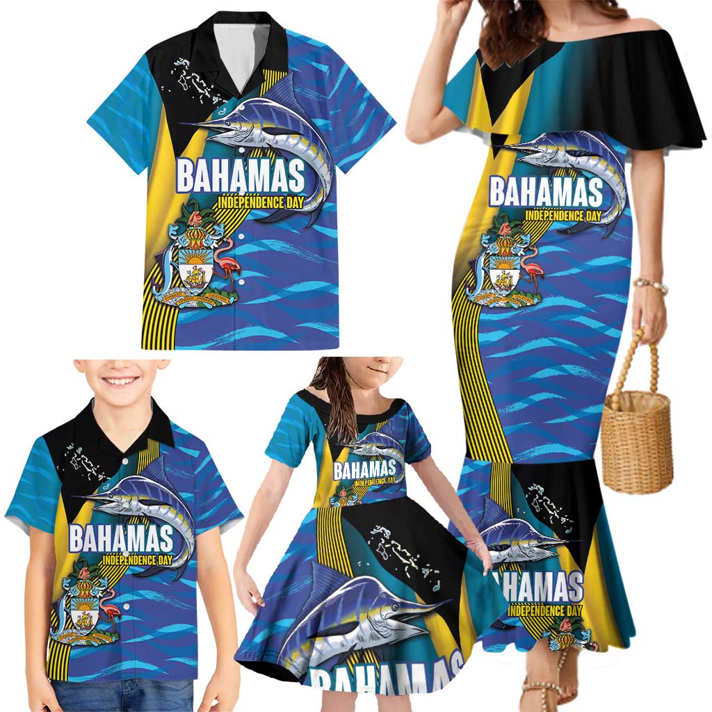 Bahamas Independence Day Family Matching Mermaid Dress and Hawaiian Shirt National Flag Style with Blue Marlin and Emblem