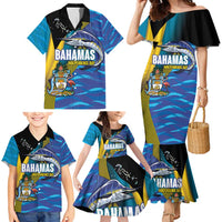 Bahamas Independence Day Family Matching Mermaid Dress and Hawaiian Shirt National Flag Style with Blue Marlin and Emblem