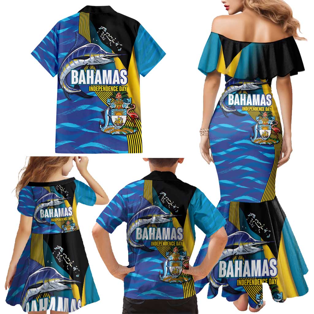 Bahamas Independence Day Family Matching Mermaid Dress and Hawaiian Shirt National Flag Style with Blue Marlin and Emblem