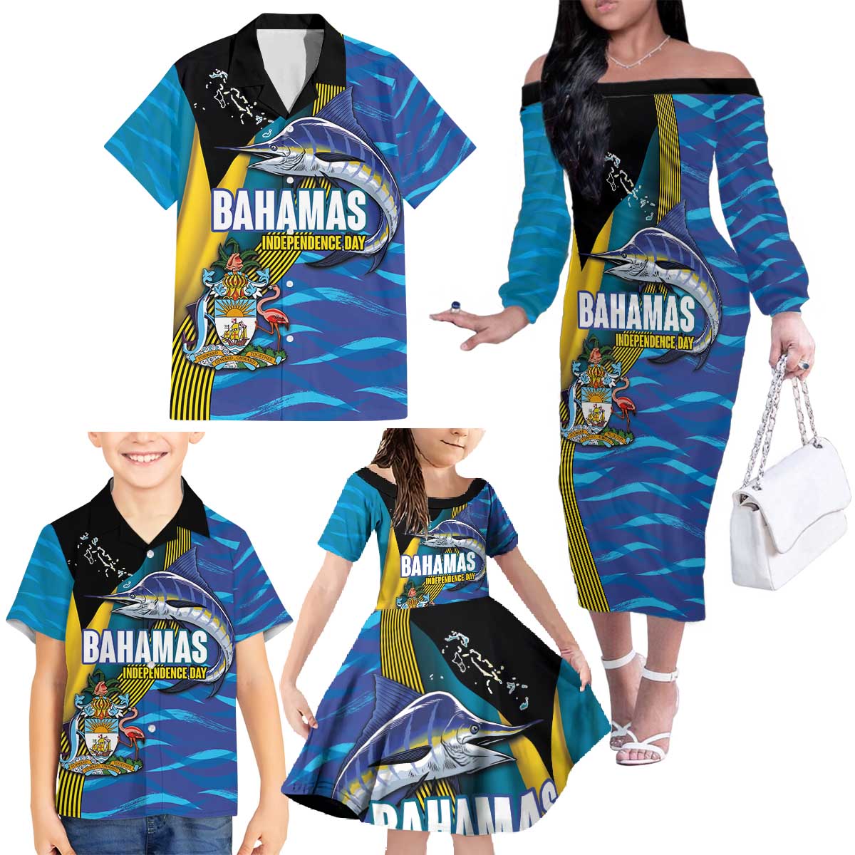 Bahamas Independence Day Family Matching Off The Shoulder Long Sleeve Dress and Hawaiian Shirt National Flag Style with Blue Marlin and Emblem