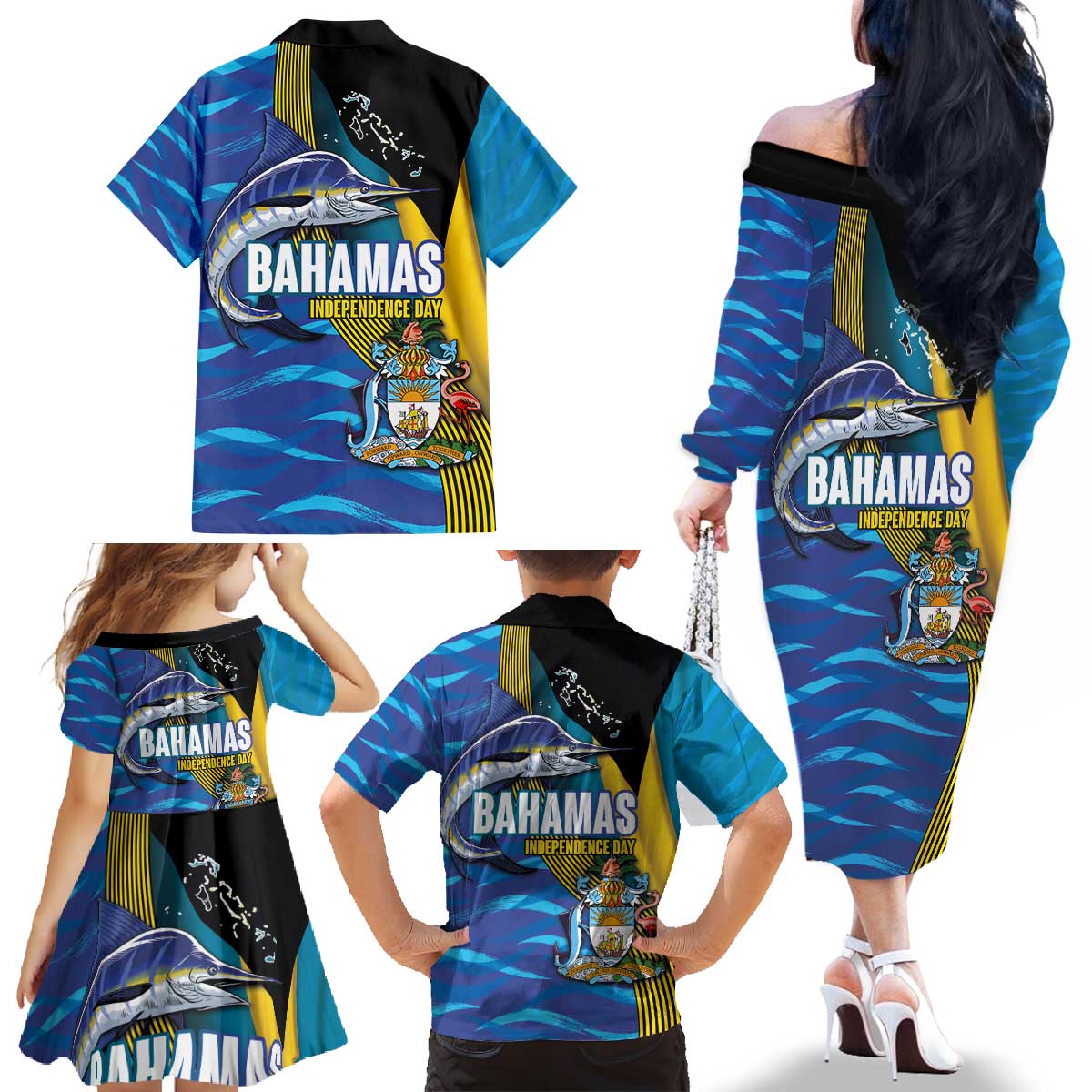 Bahamas Independence Day Family Matching Off The Shoulder Long Sleeve Dress and Hawaiian Shirt National Flag Style with Blue Marlin and Emblem