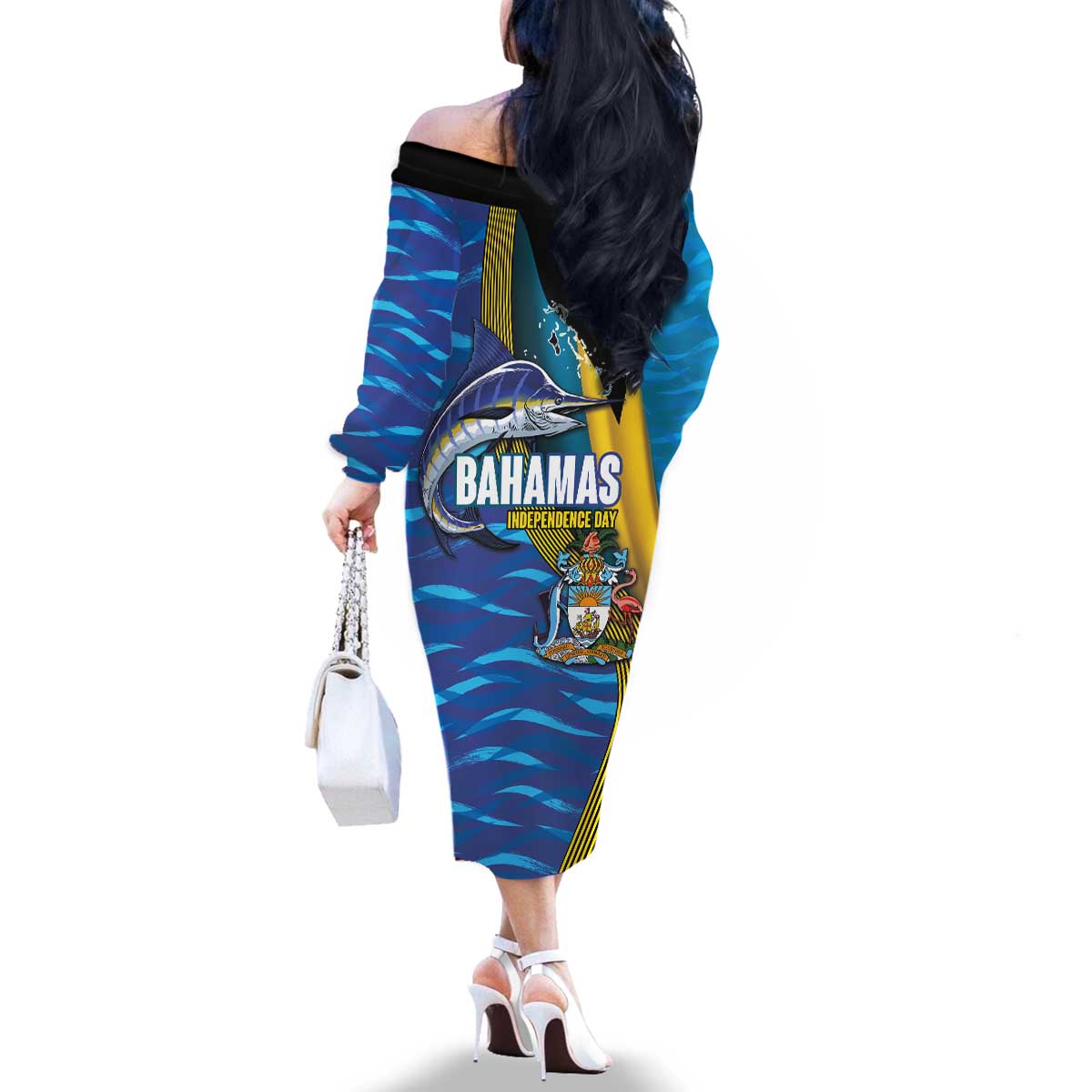 Bahamas Independence Day Family Matching Off The Shoulder Long Sleeve Dress and Hawaiian Shirt National Flag Style with Blue Marlin and Emblem