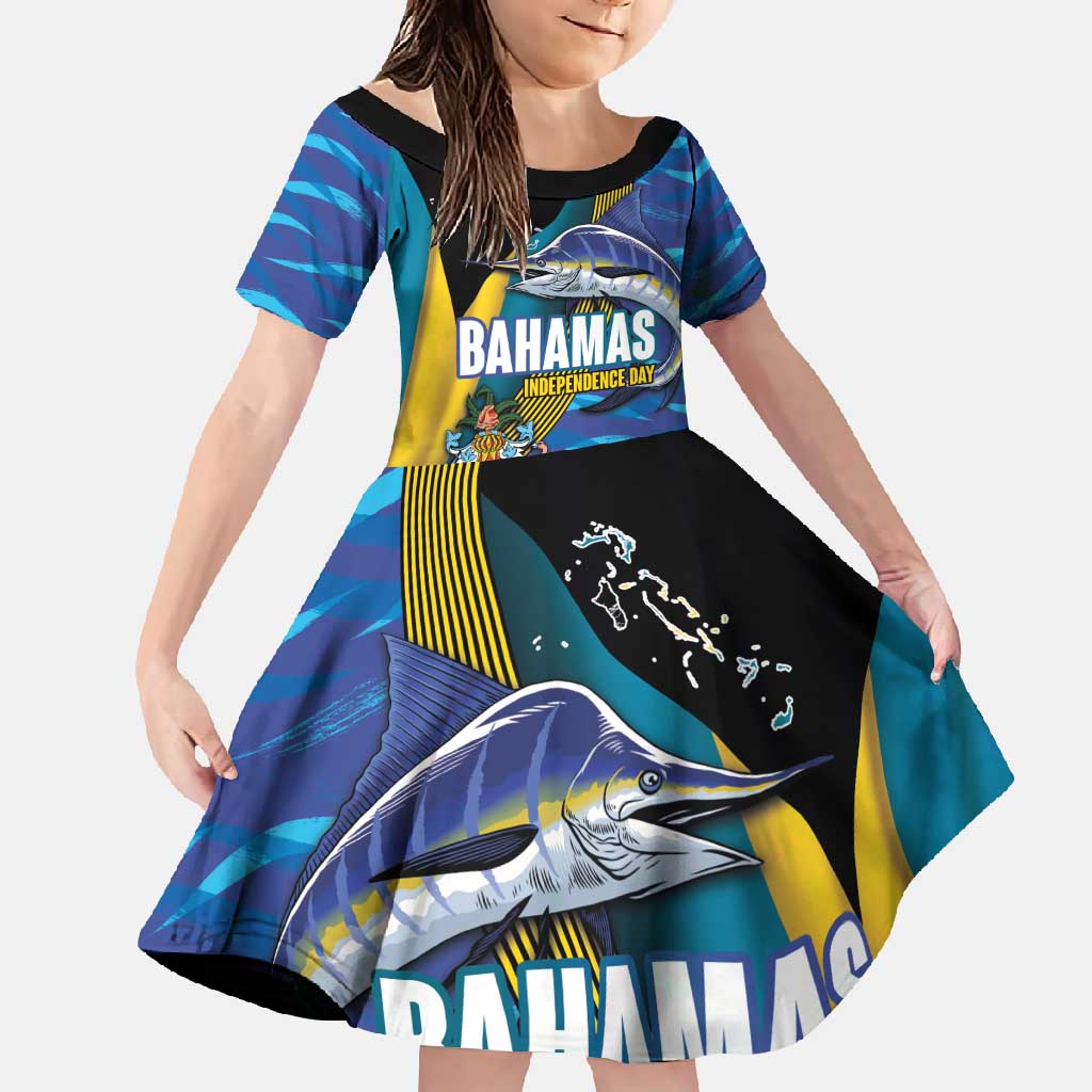Bahamas Independence Day Family Matching Off Shoulder Maxi Dress and Hawaiian Shirt National Flag Style with Blue Marlin and Emblem