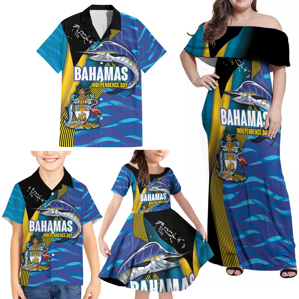 Bahamas Independence Day Family Matching Off Shoulder Maxi Dress and Hawaiian Shirt National Flag Style with Blue Marlin and Emblem