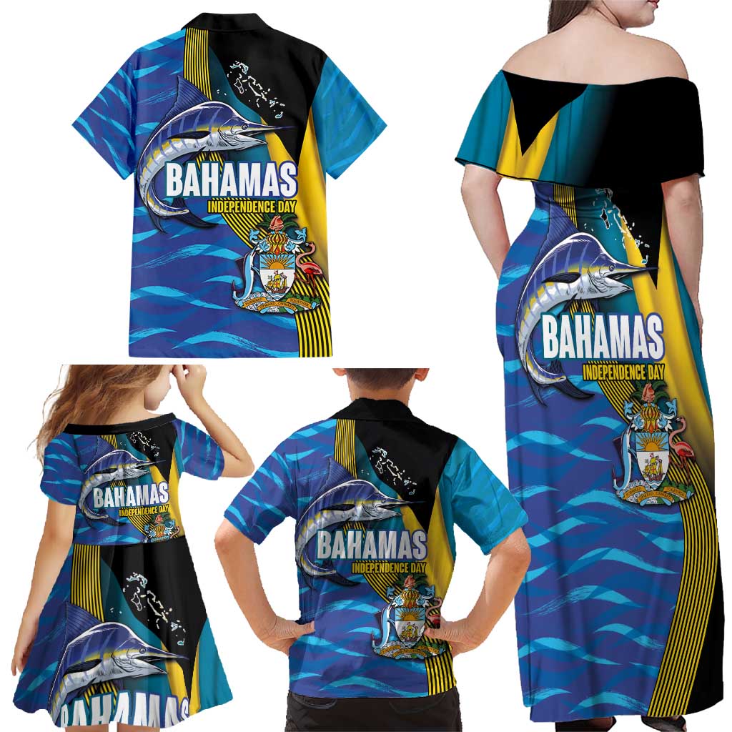 Bahamas Independence Day Family Matching Off Shoulder Maxi Dress and Hawaiian Shirt National Flag Style with Blue Marlin and Emblem
