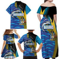 Bahamas Independence Day Family Matching Off Shoulder Maxi Dress and Hawaiian Shirt National Flag Style with Blue Marlin and Emblem
