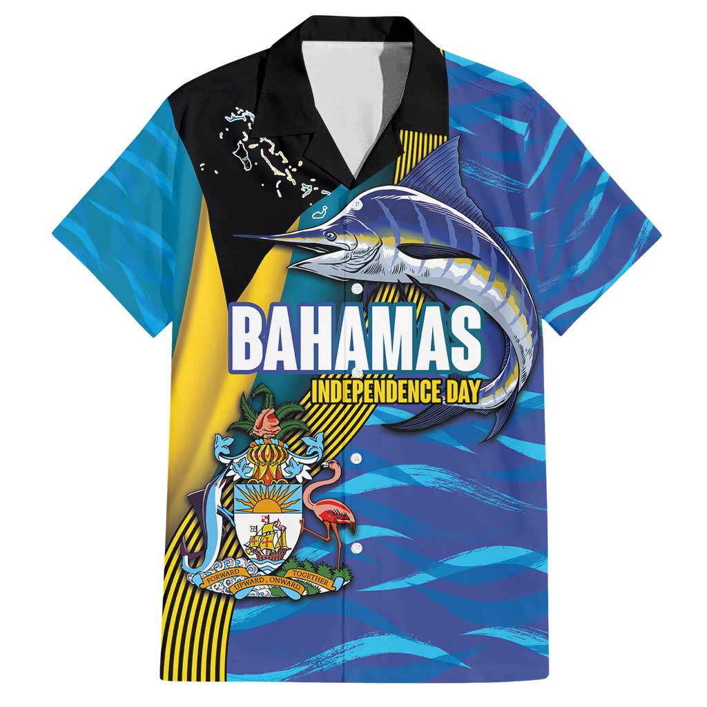 Bahamas Independence Day Family Matching Off Shoulder Maxi Dress and Hawaiian Shirt National Flag Style with Blue Marlin and Emblem