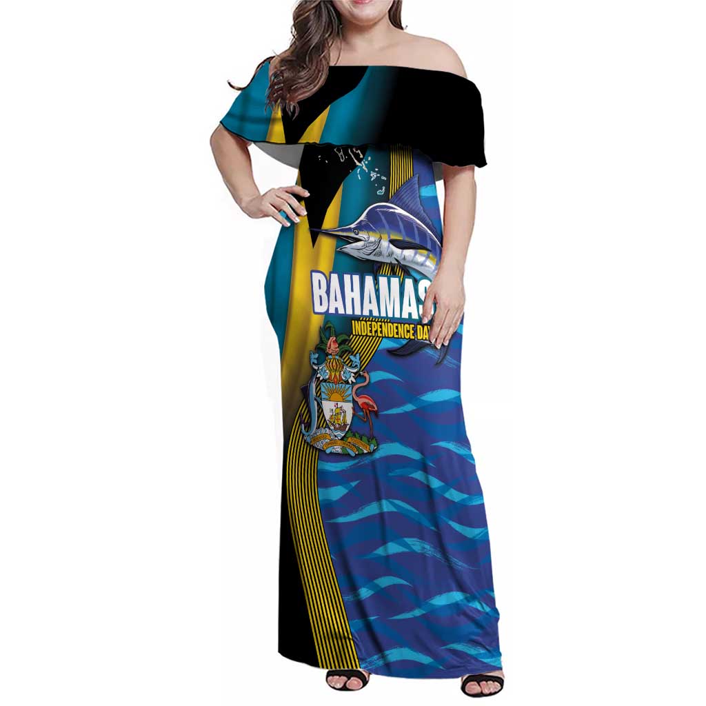 Bahamas Independence Day Family Matching Off Shoulder Maxi Dress and Hawaiian Shirt National Flag Style with Blue Marlin and Emblem