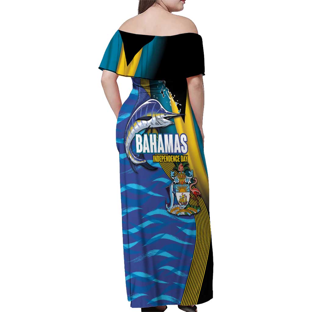 Bahamas Independence Day Family Matching Off Shoulder Maxi Dress and Hawaiian Shirt National Flag Style with Blue Marlin and Emblem