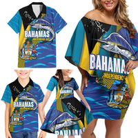 Bahamas Independence Day Family Matching Off Shoulder Short Dress and Hawaiian Shirt National Flag Style with Blue Marlin and Emblem