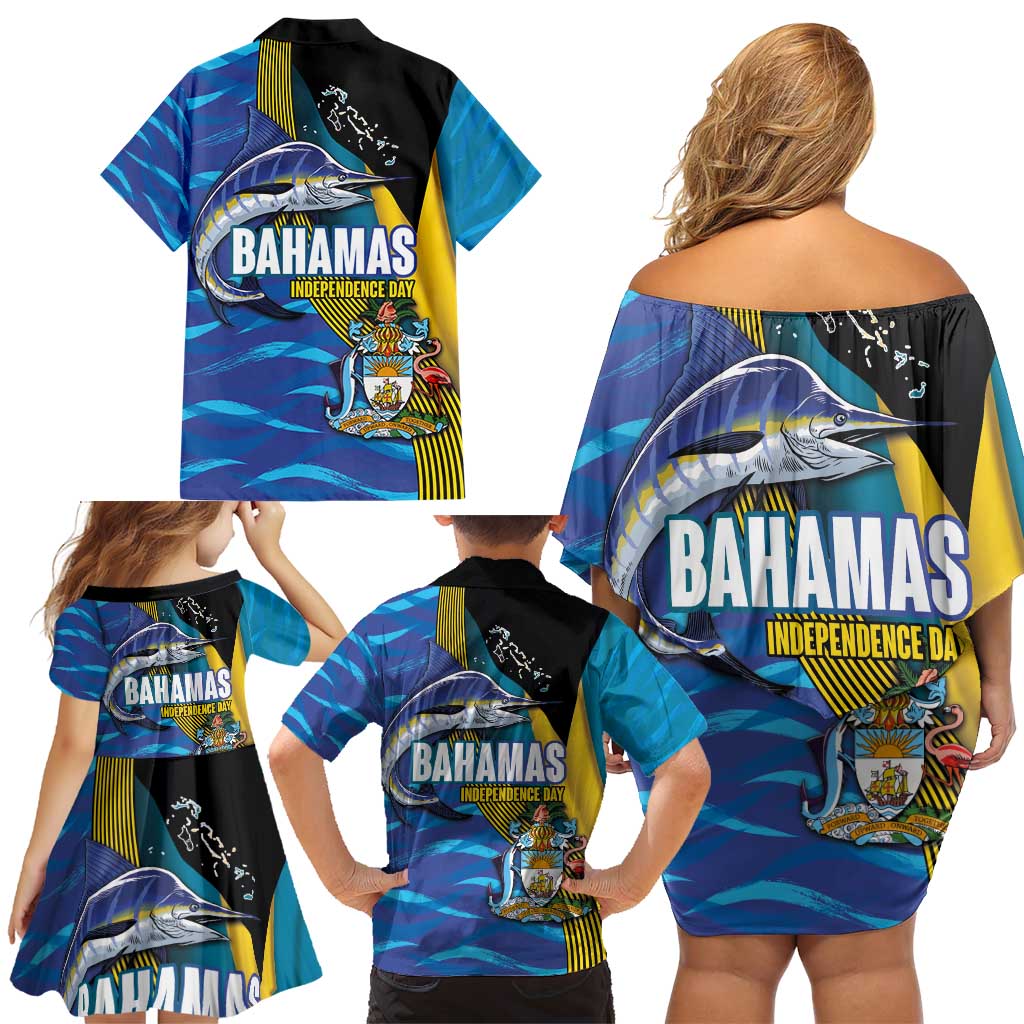 Bahamas Independence Day Family Matching Off Shoulder Short Dress and Hawaiian Shirt National Flag Style with Blue Marlin and Emblem