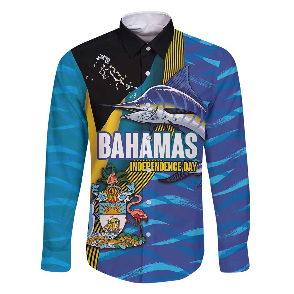 Bahamas Independence Day Family Matching Off Shoulder Short Dress and Hawaiian Shirt National Flag Style with Blue Marlin and Emblem