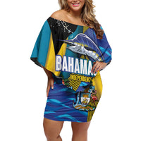 Bahamas Independence Day Family Matching Off Shoulder Short Dress and Hawaiian Shirt National Flag Style with Blue Marlin and Emblem