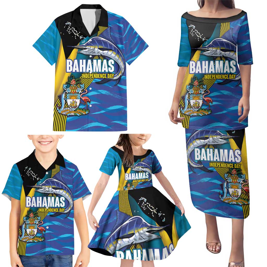 Bahamas Independence Day Family Matching Puletasi and Hawaiian Shirt National Flag Style with Blue Marlin and Emblem