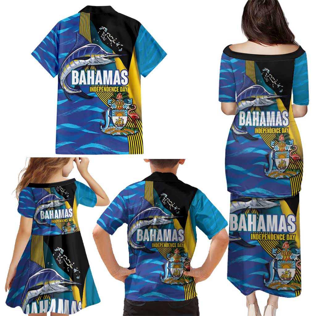 Bahamas Independence Day Family Matching Puletasi and Hawaiian Shirt National Flag Style with Blue Marlin and Emblem
