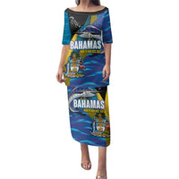 Bahamas Independence Day Family Matching Puletasi and Hawaiian Shirt National Flag Style with Blue Marlin and Emblem