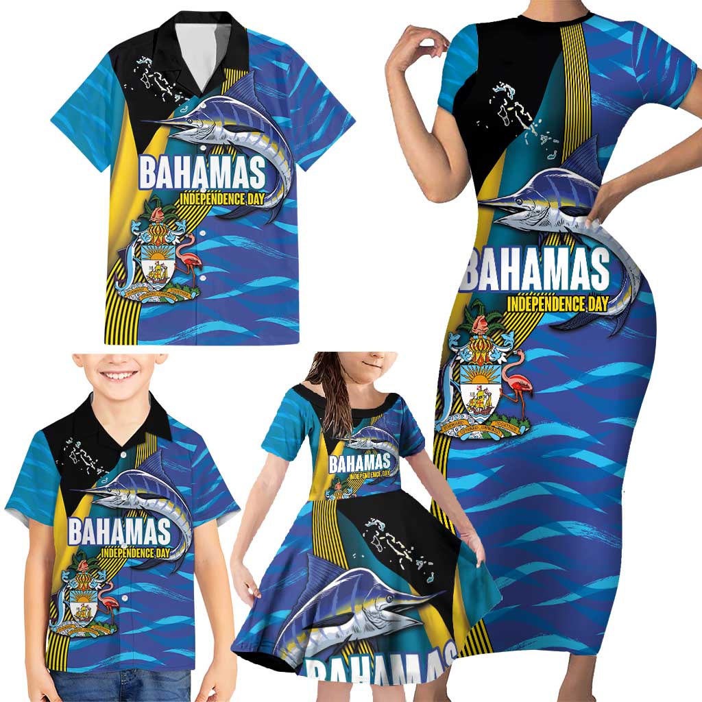 Bahamas Independence Day Family Matching Short Sleeve Bodycon Dress and Hawaiian Shirt National Flag Style with Blue Marlin and Emblem