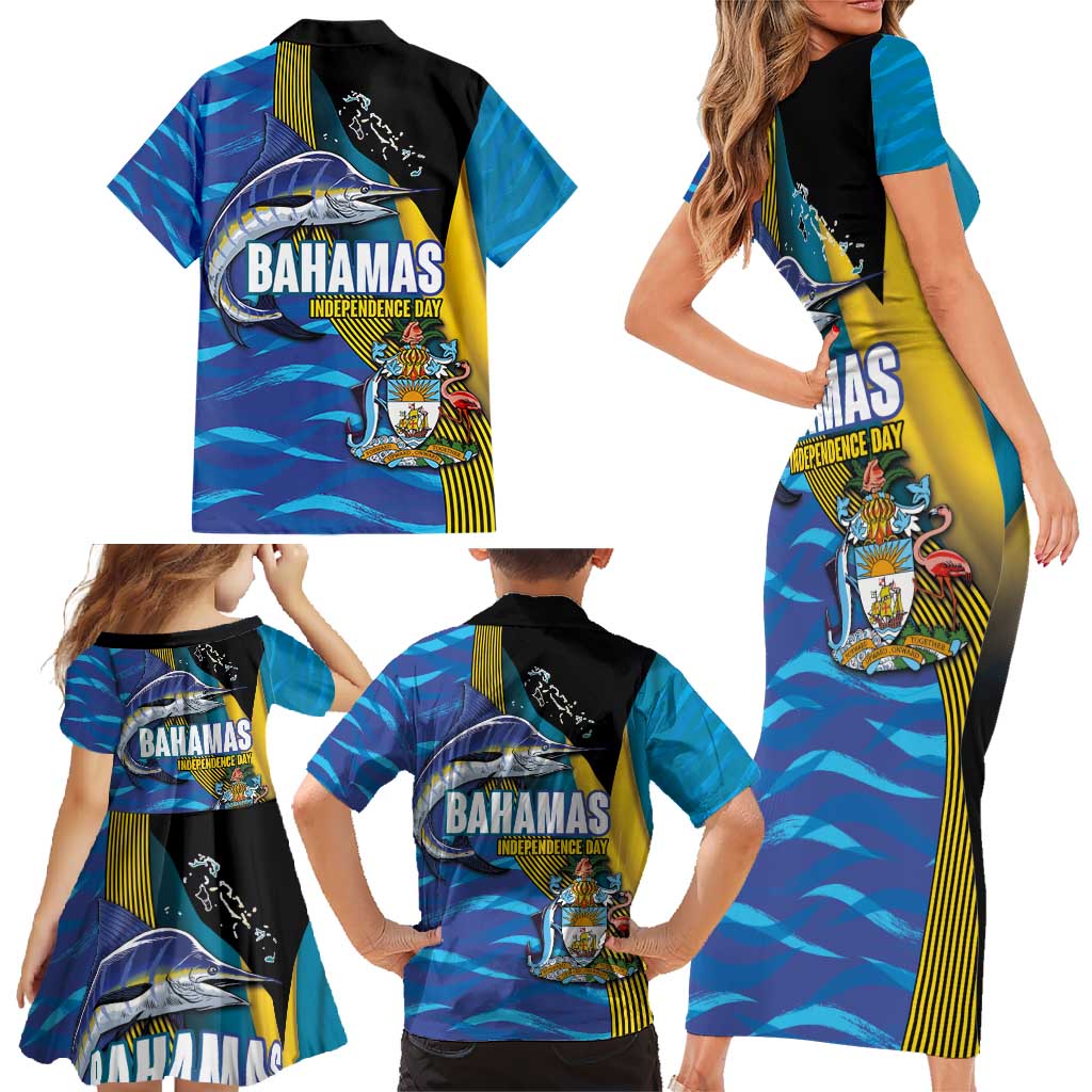 Bahamas Independence Day Family Matching Short Sleeve Bodycon Dress and Hawaiian Shirt National Flag Style with Blue Marlin and Emblem