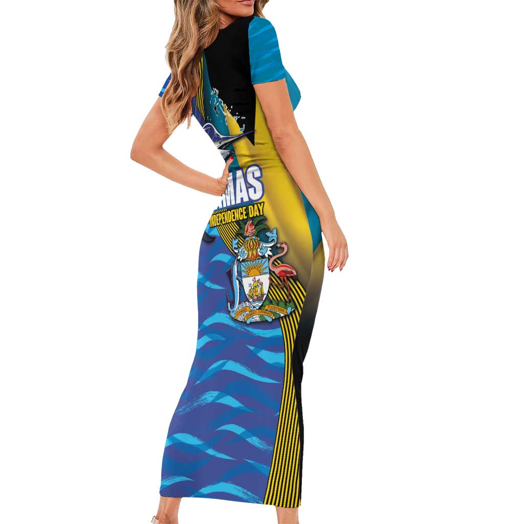 Bahamas Independence Day Family Matching Short Sleeve Bodycon Dress and Hawaiian Shirt National Flag Style with Blue Marlin and Emblem