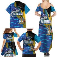 Bahamas Independence Day Family Matching Summer Maxi Dress and Hawaiian Shirt National Flag Style with Blue Marlin and Emblem