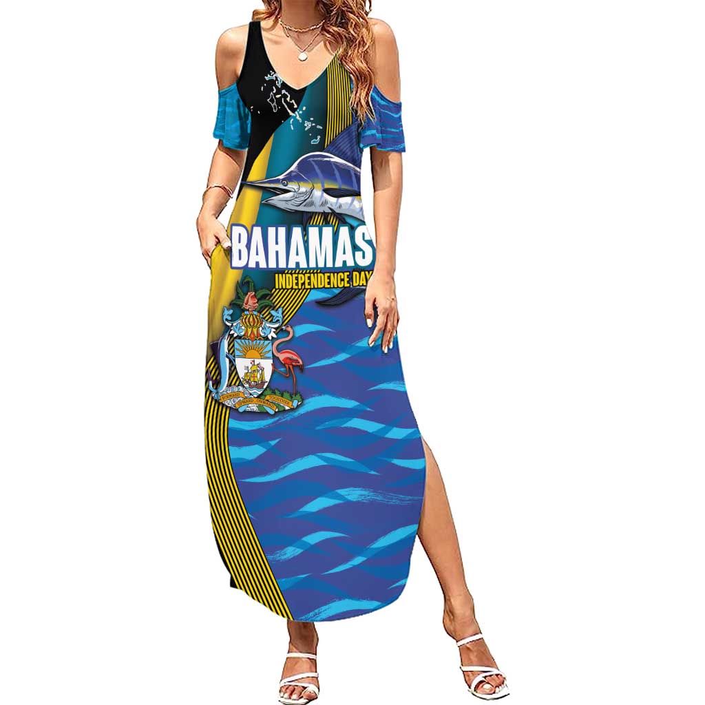 Bahamas Independence Day Family Matching Summer Maxi Dress and Hawaiian Shirt National Flag Style with Blue Marlin and Emblem