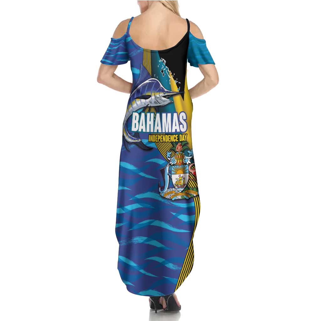 Bahamas Independence Day Family Matching Summer Maxi Dress and Hawaiian Shirt National Flag Style with Blue Marlin and Emblem