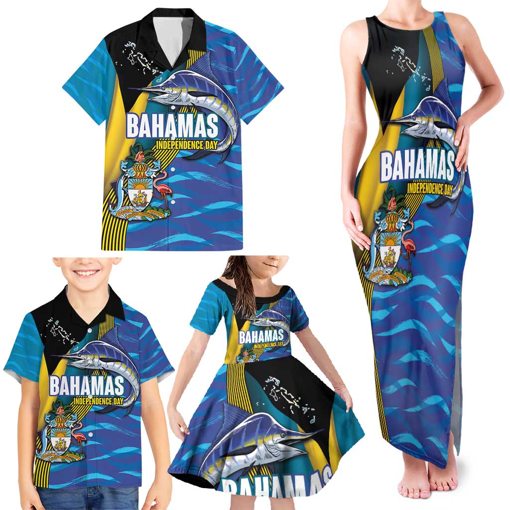 Bahamas Independence Day Family Matching Tank Maxi Dress and Hawaiian Shirt National Flag Style with Blue Marlin and Emblem