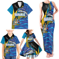 Bahamas Independence Day Family Matching Tank Maxi Dress and Hawaiian Shirt National Flag Style with Blue Marlin and Emblem
