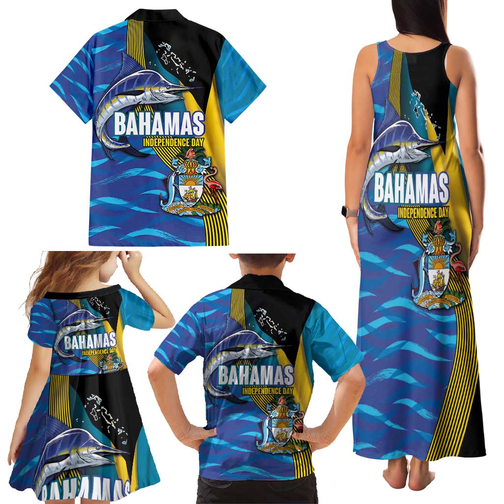 Bahamas Independence Day Family Matching Tank Maxi Dress and Hawaiian Shirt National Flag Style with Blue Marlin and Emblem