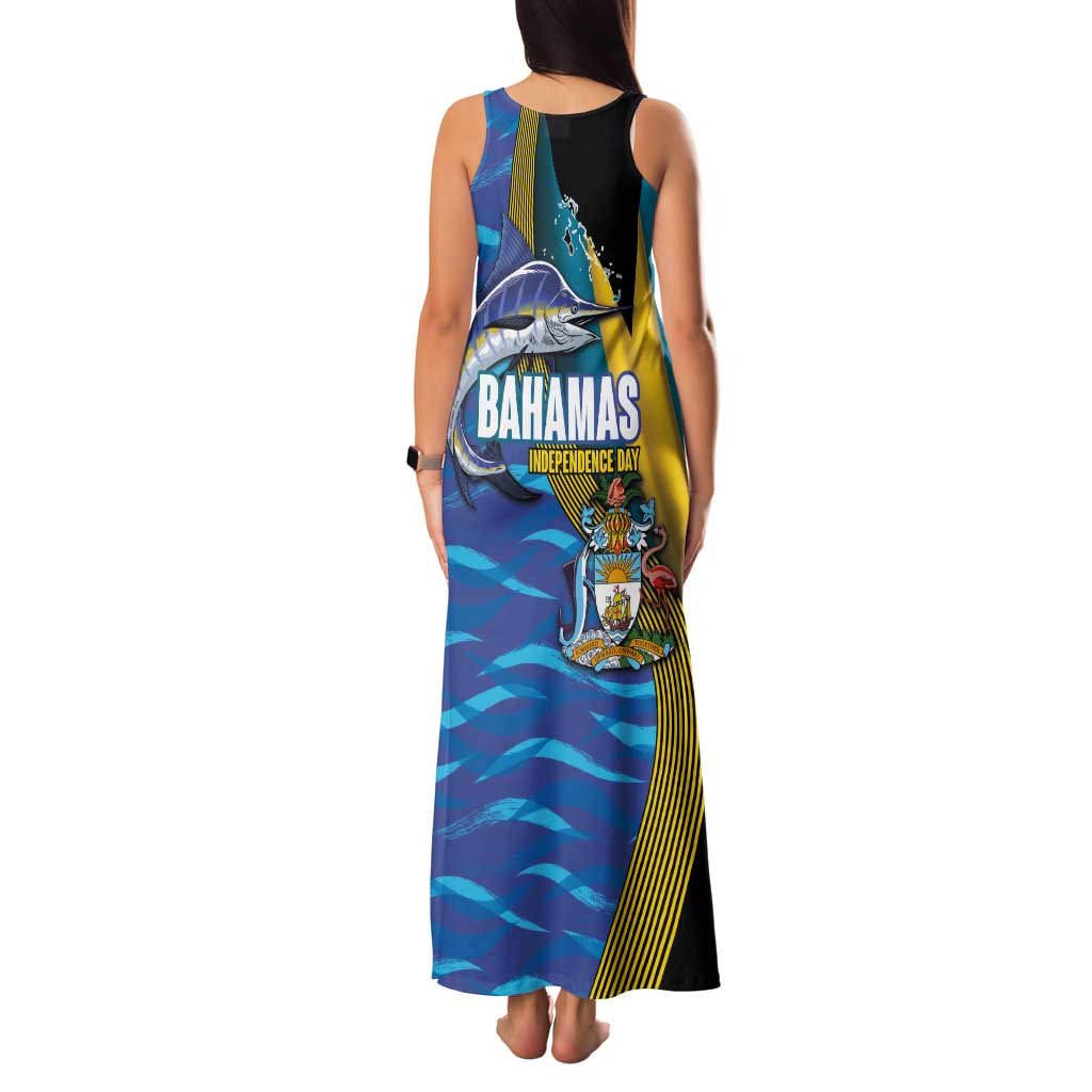 Bahamas Independence Day Family Matching Tank Maxi Dress and Hawaiian Shirt National Flag Style with Blue Marlin and Emblem