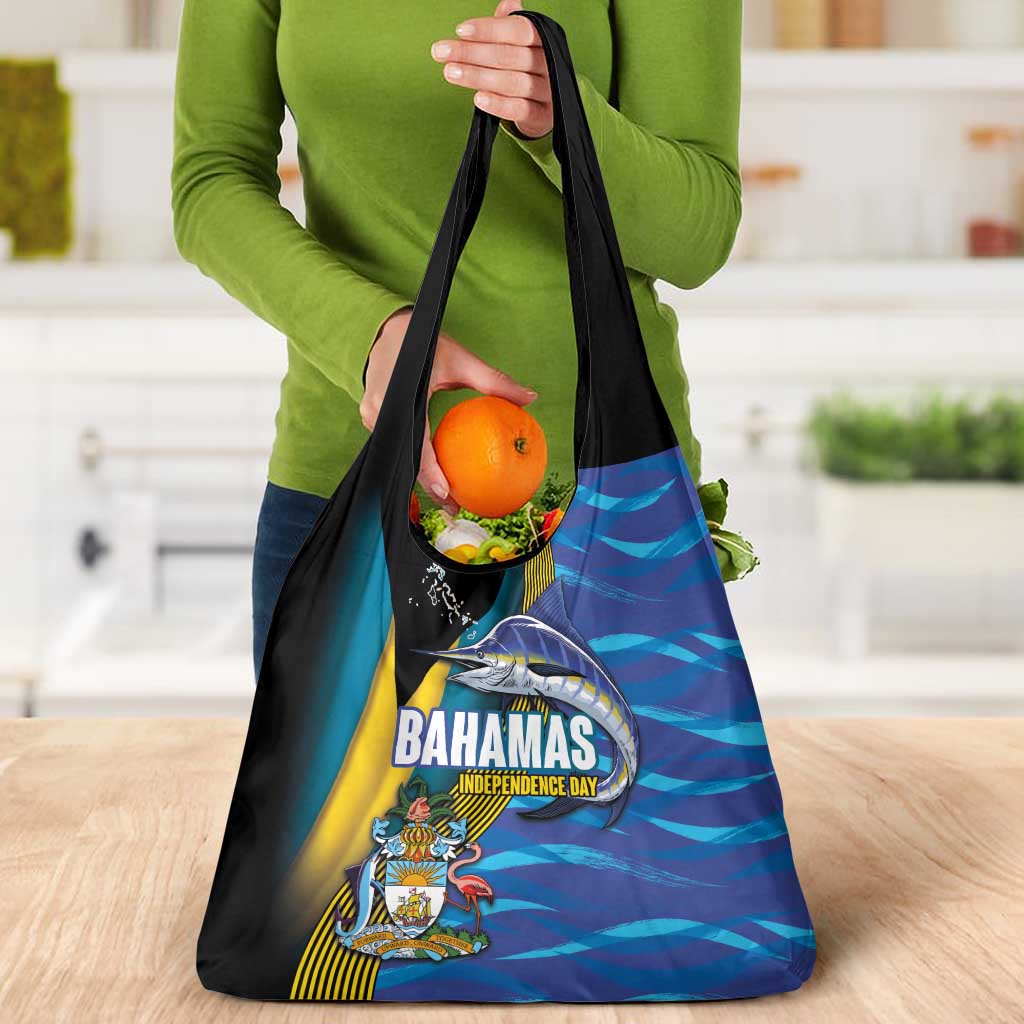 Bahamas Independence Day Grocery Bag National Flag Style with Blue Marlin and Emblem