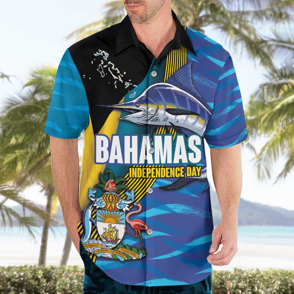 Bahamas Independence Day Hawaiian Shirt National Flag Style with Blue Marlin and Emblem