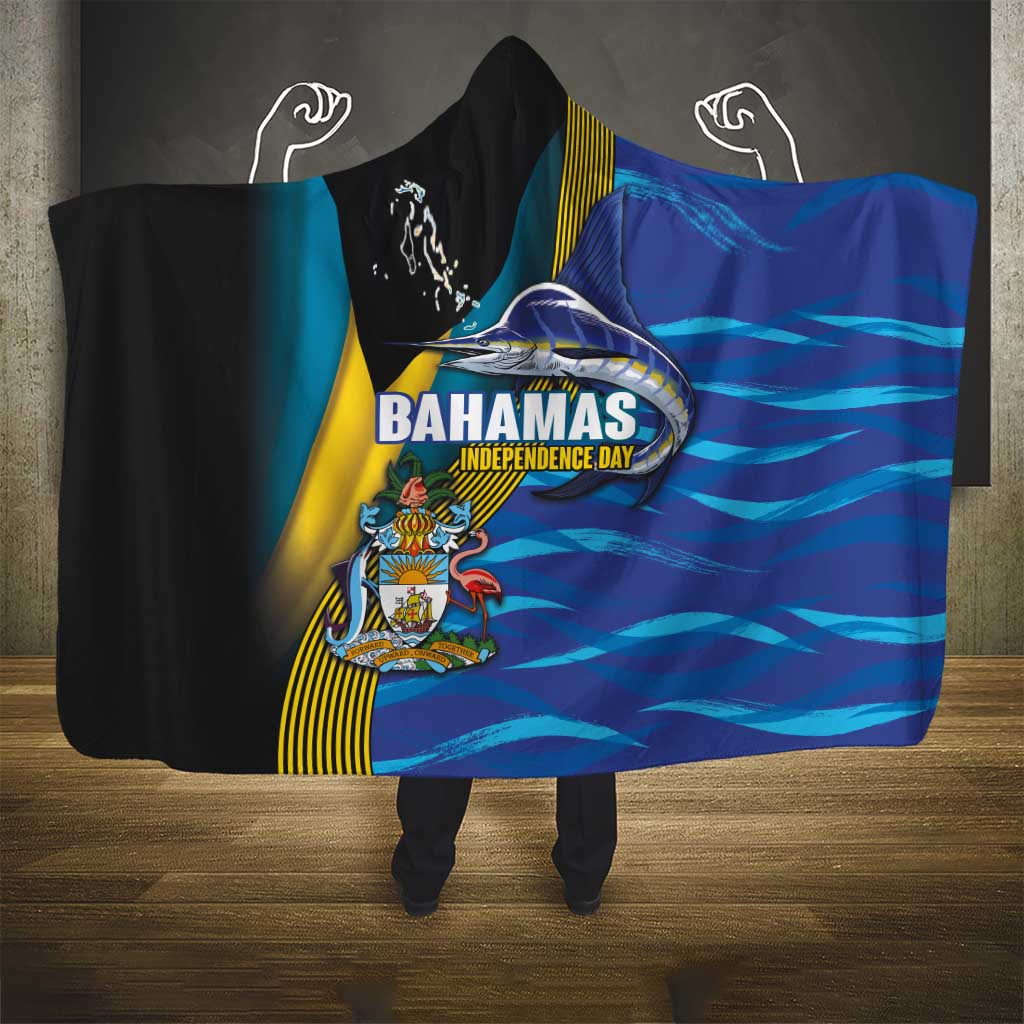 Bahamas Independence Day Hooded Blanket National Flag Style with Blue Marlin and Emblem
