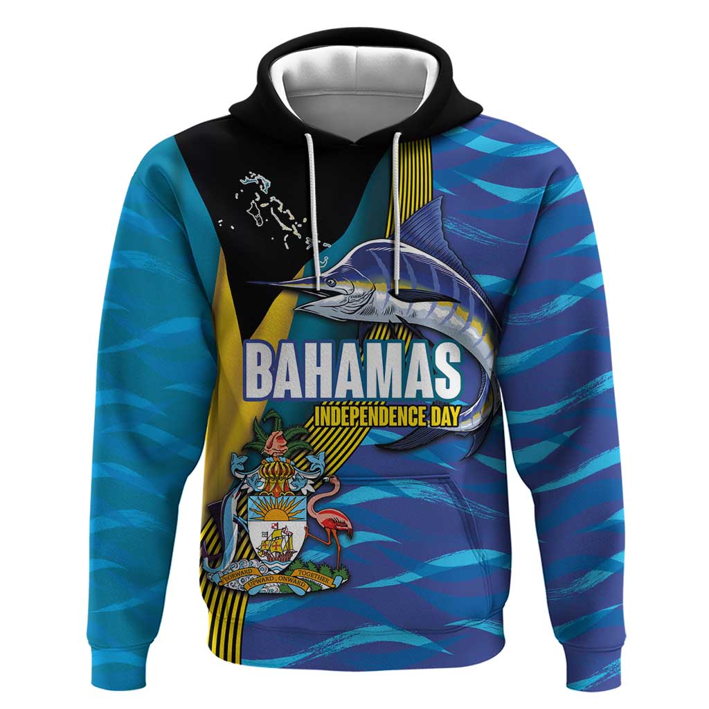 Bahamas Independence Day Hoodie National Flag Style with Blue Marlin and Emblem