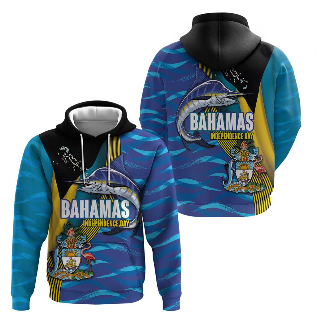 Bahamas Independence Day Hoodie National Flag Style with Blue Marlin and Emblem