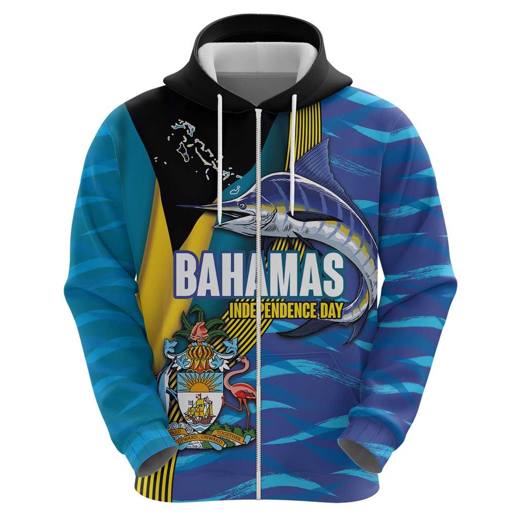Bahamas Independence Day Hoodie National Flag Style with Blue Marlin and Emblem