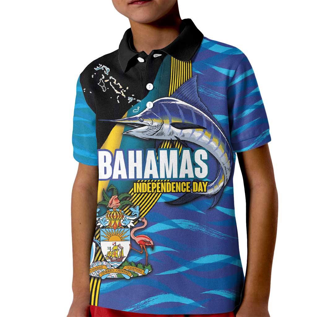 Bahamas Independence Day Kid Polo Shirt National Flag Style with Blue Marlin and Emblem