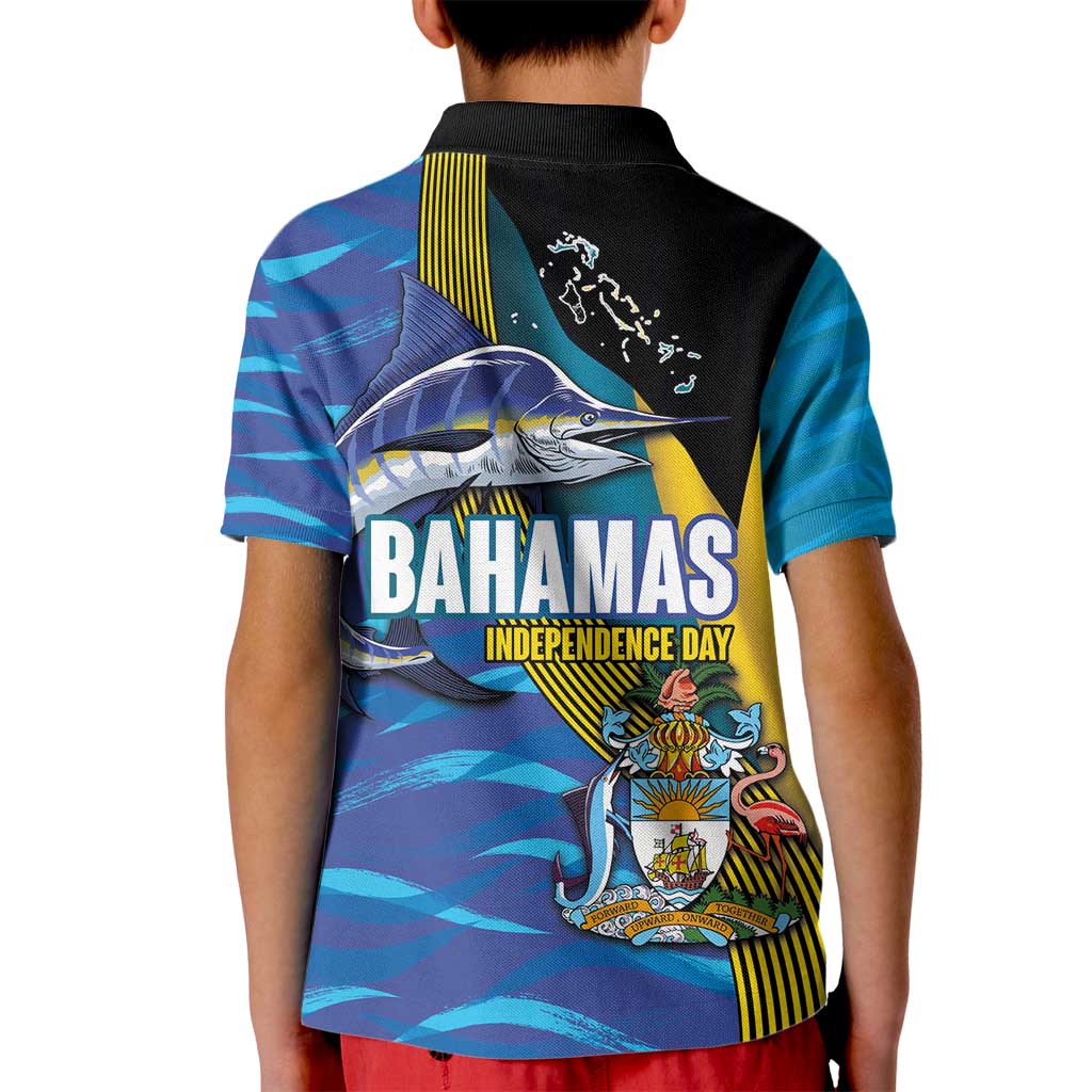 Bahamas Independence Day Kid Polo Shirt National Flag Style with Blue Marlin and Emblem