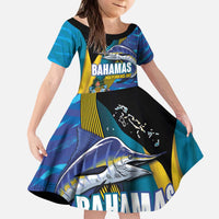 Bahamas Independence Day Kid Short Sleeve Dress National Flag Style with Blue Marlin and Emblem