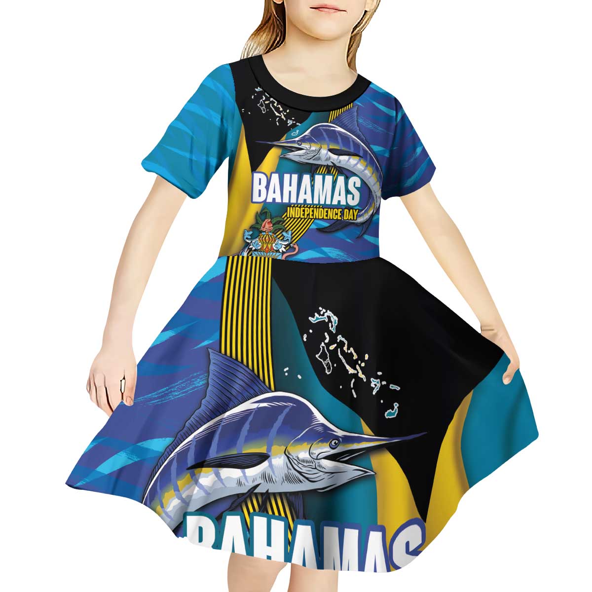 Bahamas Independence Day Kid Short Sleeve Dress National Flag Style with Blue Marlin and Emblem