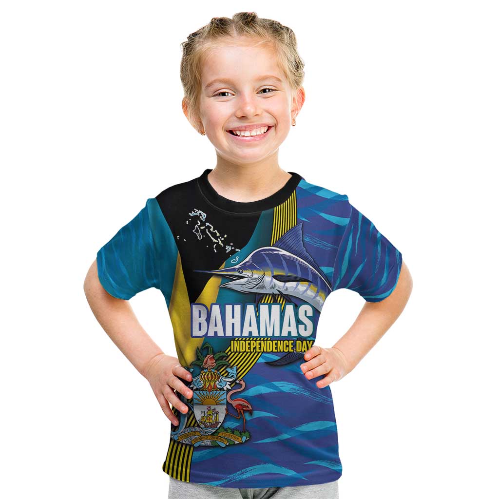 Bahamas Independence Day Kid T Shirt National Flag Style with Blue Marlin and Emblem