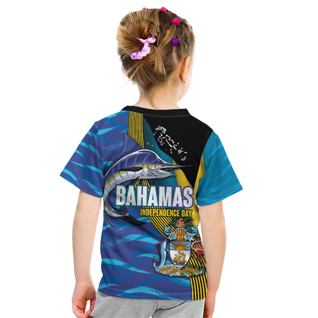 Bahamas Independence Day Kid T Shirt National Flag Style with Blue Marlin and Emblem