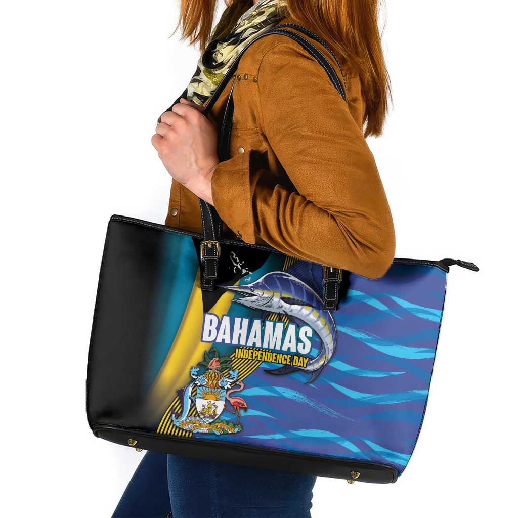 Bahamas Independence Day Leather Tote Bag National Flag Style with Blue Marlin and Emblem