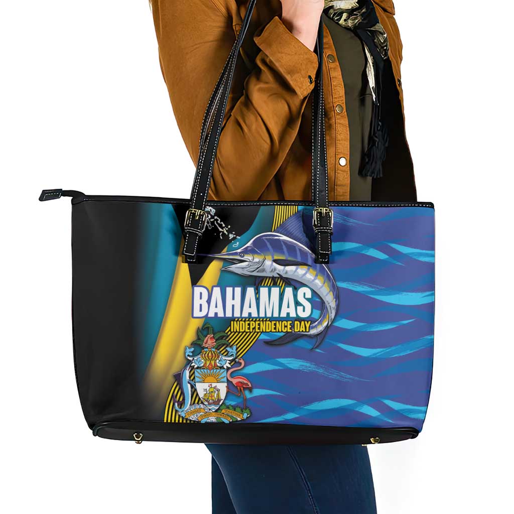 Bahamas Independence Day Leather Tote Bag National Flag Style with Blue Marlin and Emblem