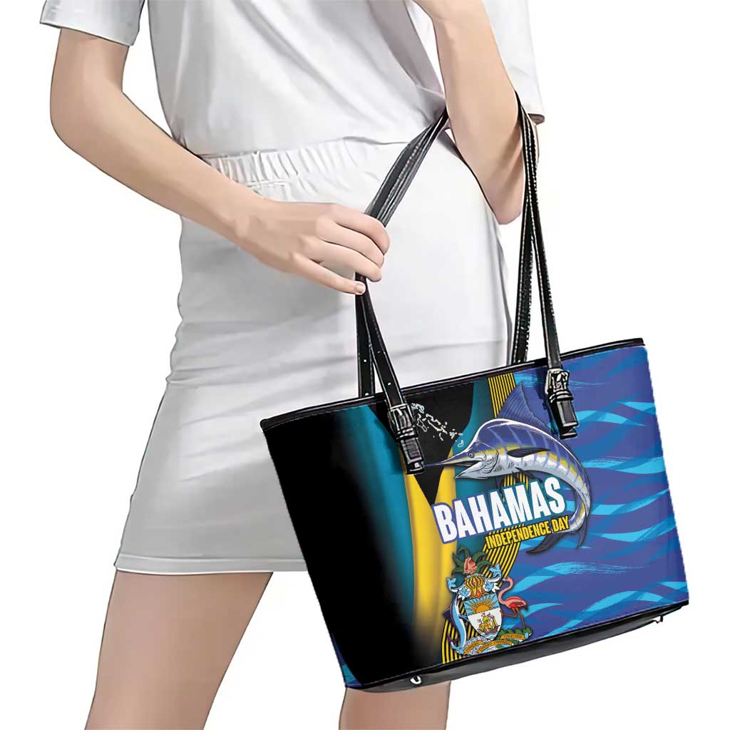 Bahamas Independence Day Leather Tote Bag National Flag Style with Blue Marlin and Emblem