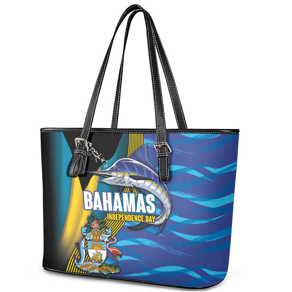 Bahamas Independence Day Leather Tote Bag National Flag Style with Blue Marlin and Emblem