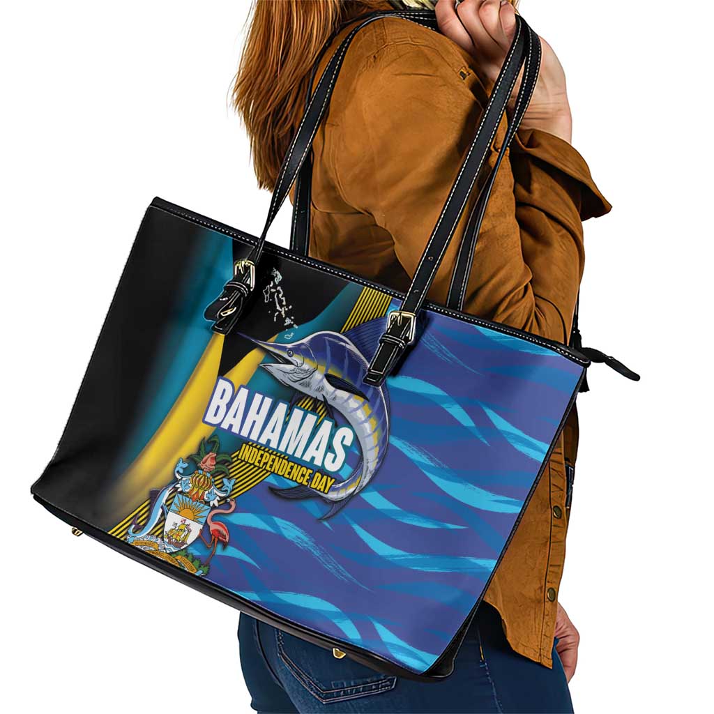 Bahamas Independence Day Leather Tote Bag National Flag Style with Blue Marlin and Emblem
