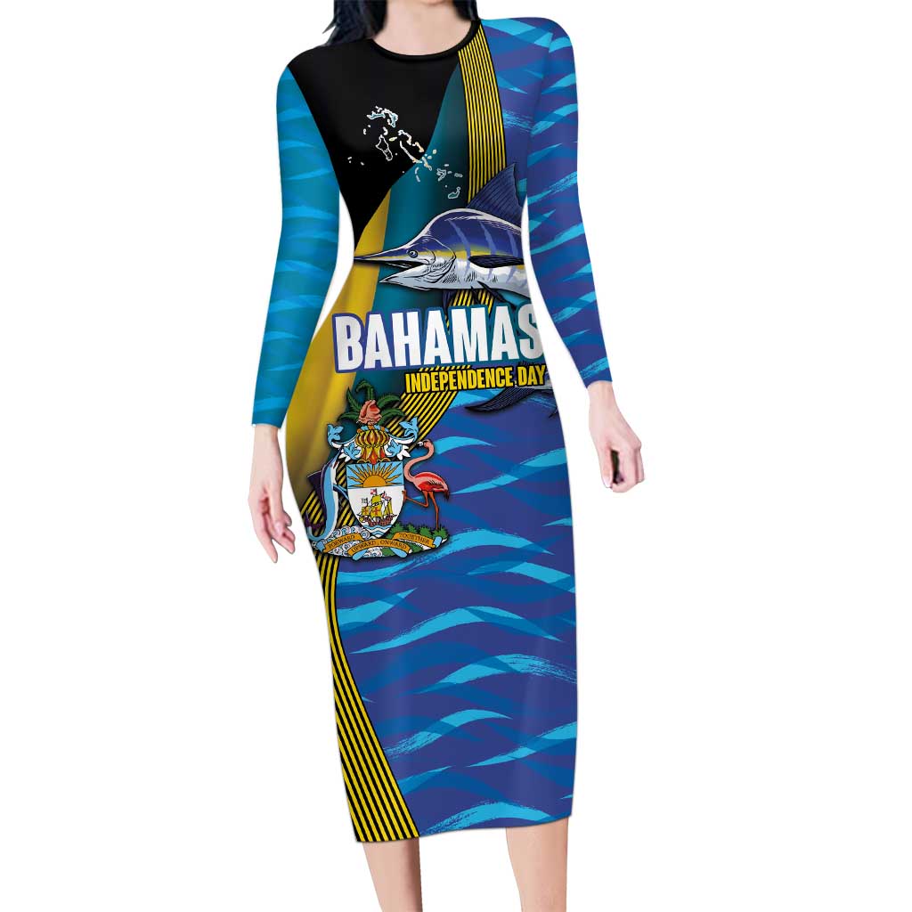 Bahamas Independence Day Long Sleeve Bodycon Dress National Flag Style with Blue Marlin and Emblem