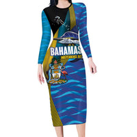 Bahamas Independence Day Long Sleeve Bodycon Dress National Flag Style with Blue Marlin and Emblem