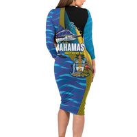 Bahamas Independence Day Long Sleeve Bodycon Dress National Flag Style with Blue Marlin and Emblem